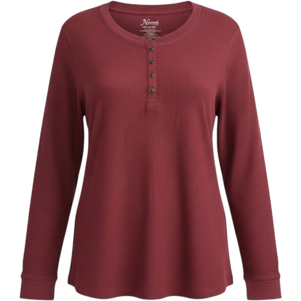 Natural Reflections Women 2X Cabernet Solid Thermal Henley Long Sleeve Top NWT